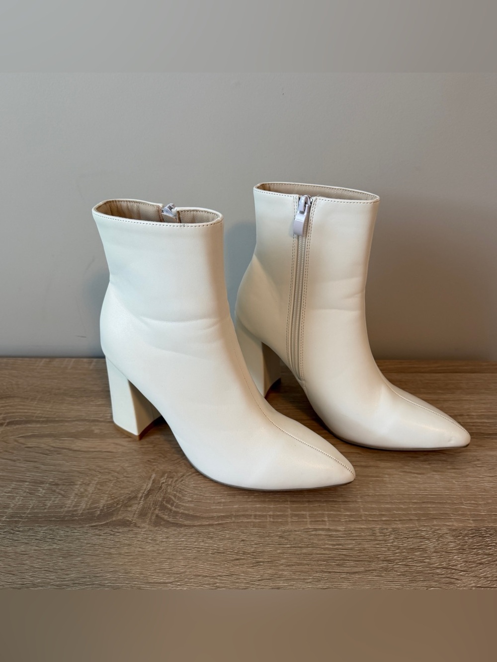 White Pointed Toe Block Heel Ankle Boots